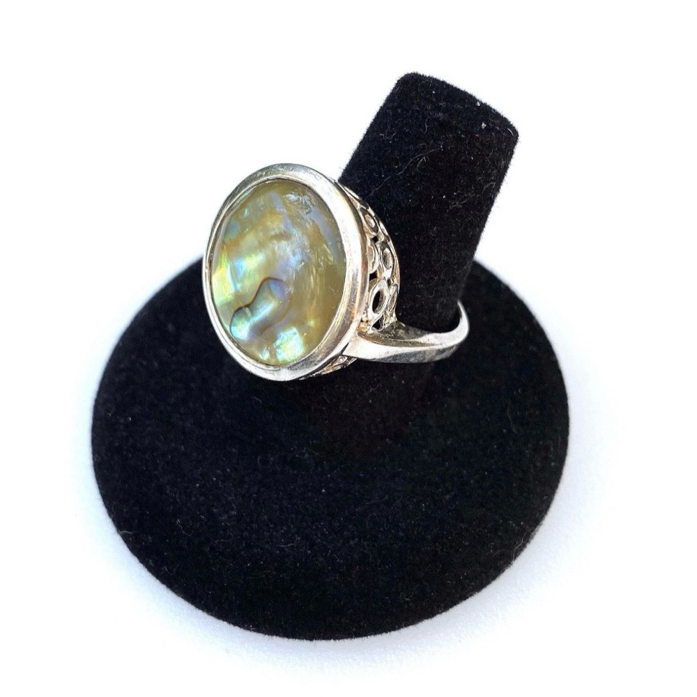 Vintage Sterling Silver Abalone Shell Filigree Ring Size 8
